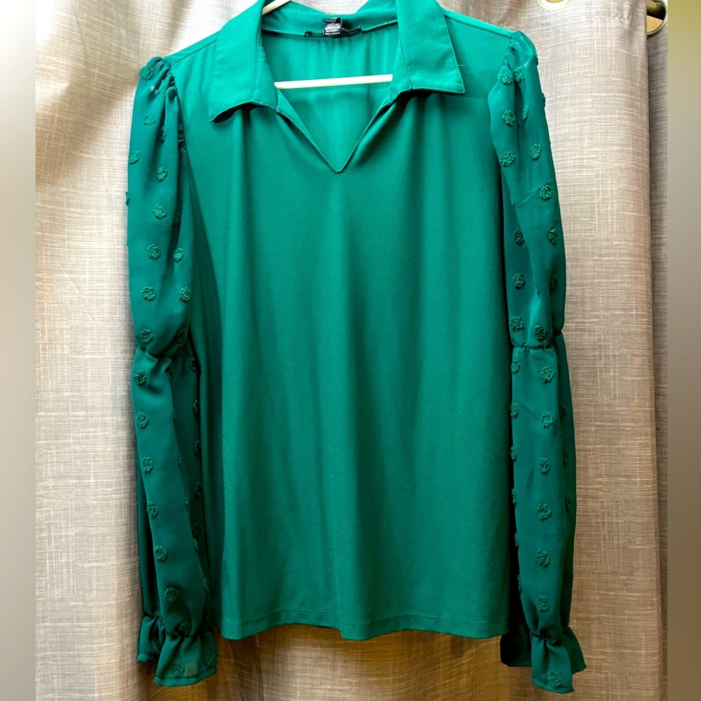 A…Love Story, LG, Green, Lace-Sleeve Blouse